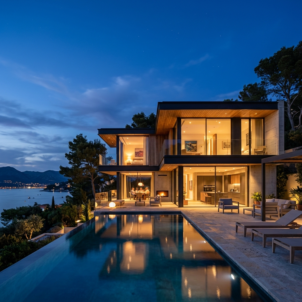 Luxury modern villa at twilight